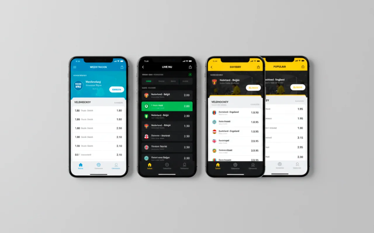 Verschillende smartphones naast elkaar met sportwedden apps op de schermen