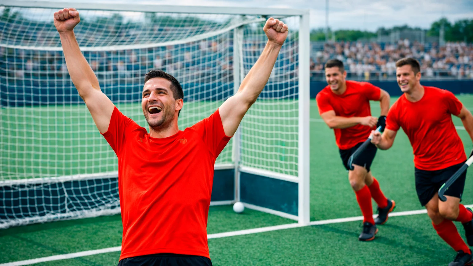 Hockeyspeler die juicht na het scoren van een doelpunt
