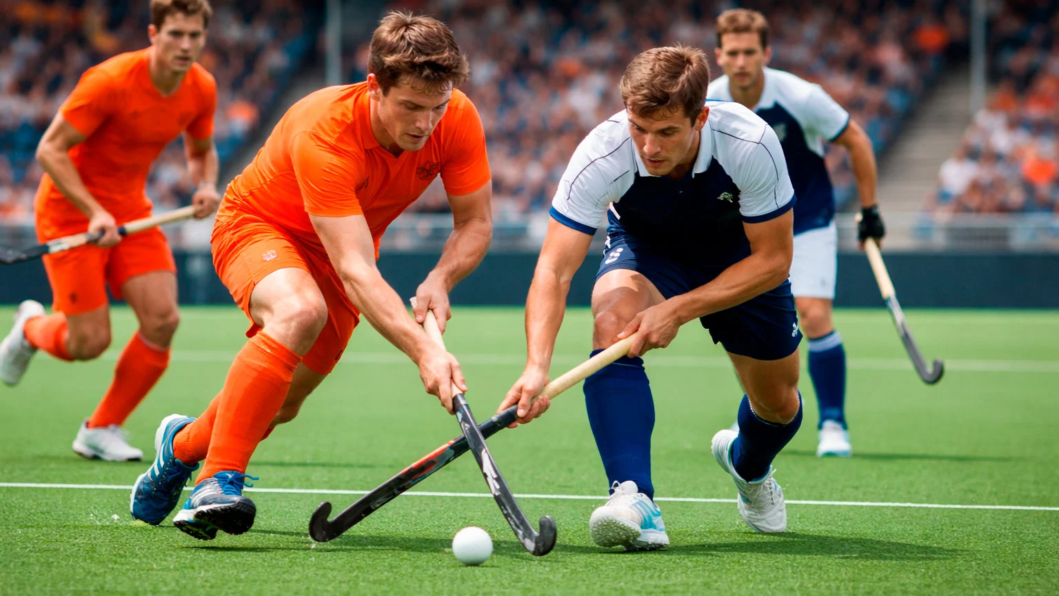 Europese clubhockeywedstrijd met spelers in actie op het veld