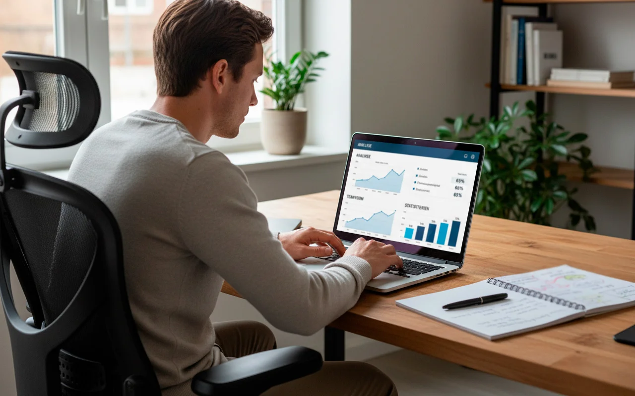 Persoon die wedstrijdstatistieken analyseert op een laptop