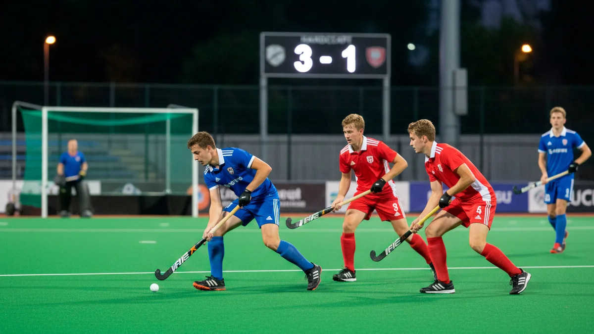 Veldhockeywedstrijd met scorebord dat een doelpuntenverschil toont