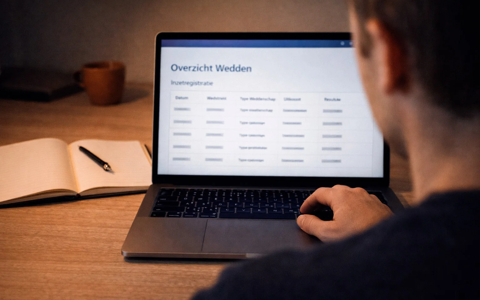 Persoon die wedadministratie bijhoudt op een laptop