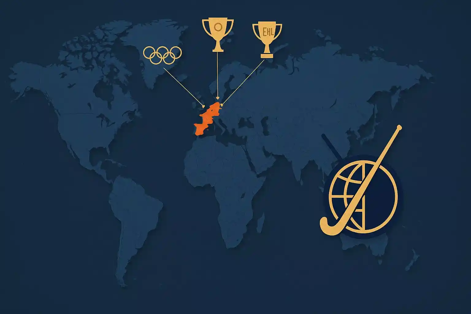 Wereldkaart met belangrijkste hockey competities en toernooien gemarkeerd, Nederland uitgelicht met Olympische Spelen, WK en Euro Hockey League locaties