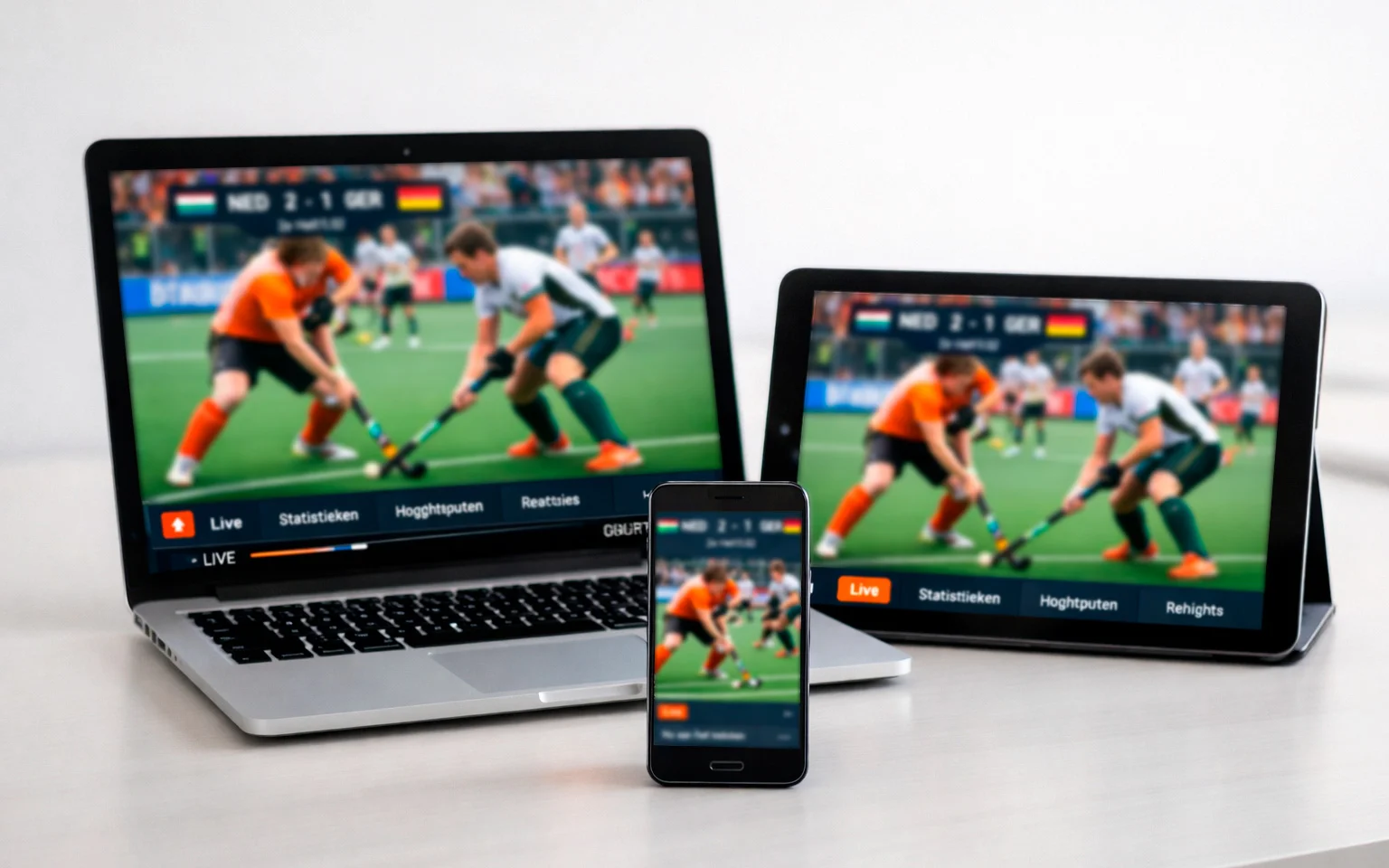 Verschillende apparaten waarop hockeywedstrijden gestreamd kunnen worden
