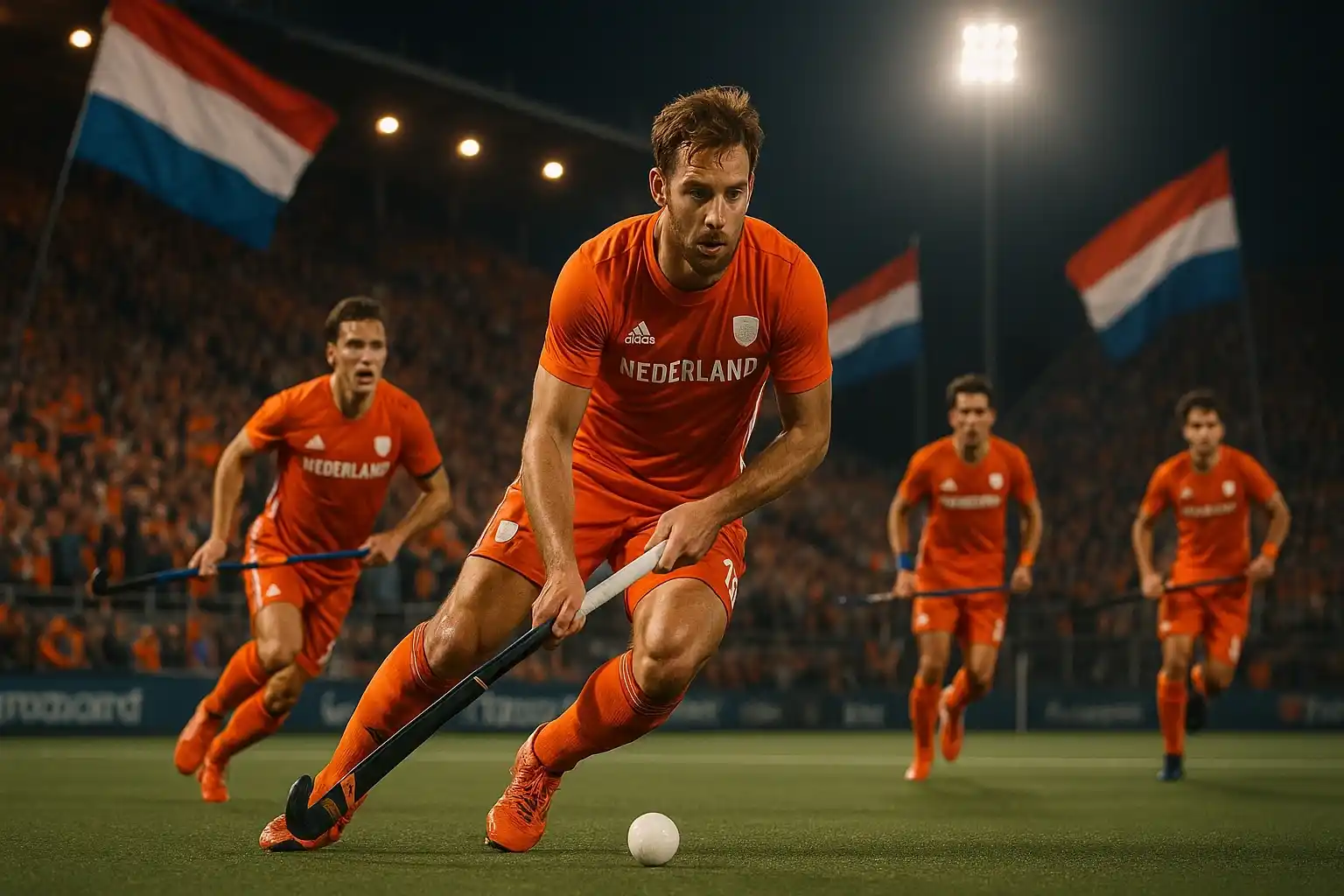 Spannende veldhockey wedstrijd bij avond met Nederlandse spelers in oranje tenue, dramatische stadionverlichting en dynamische actie op het veld