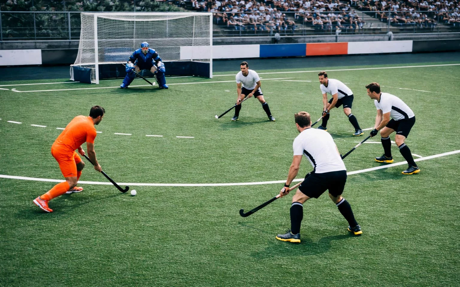 Veldhockeyteam in aanvallende actie dat druk zet op de tegenstander
