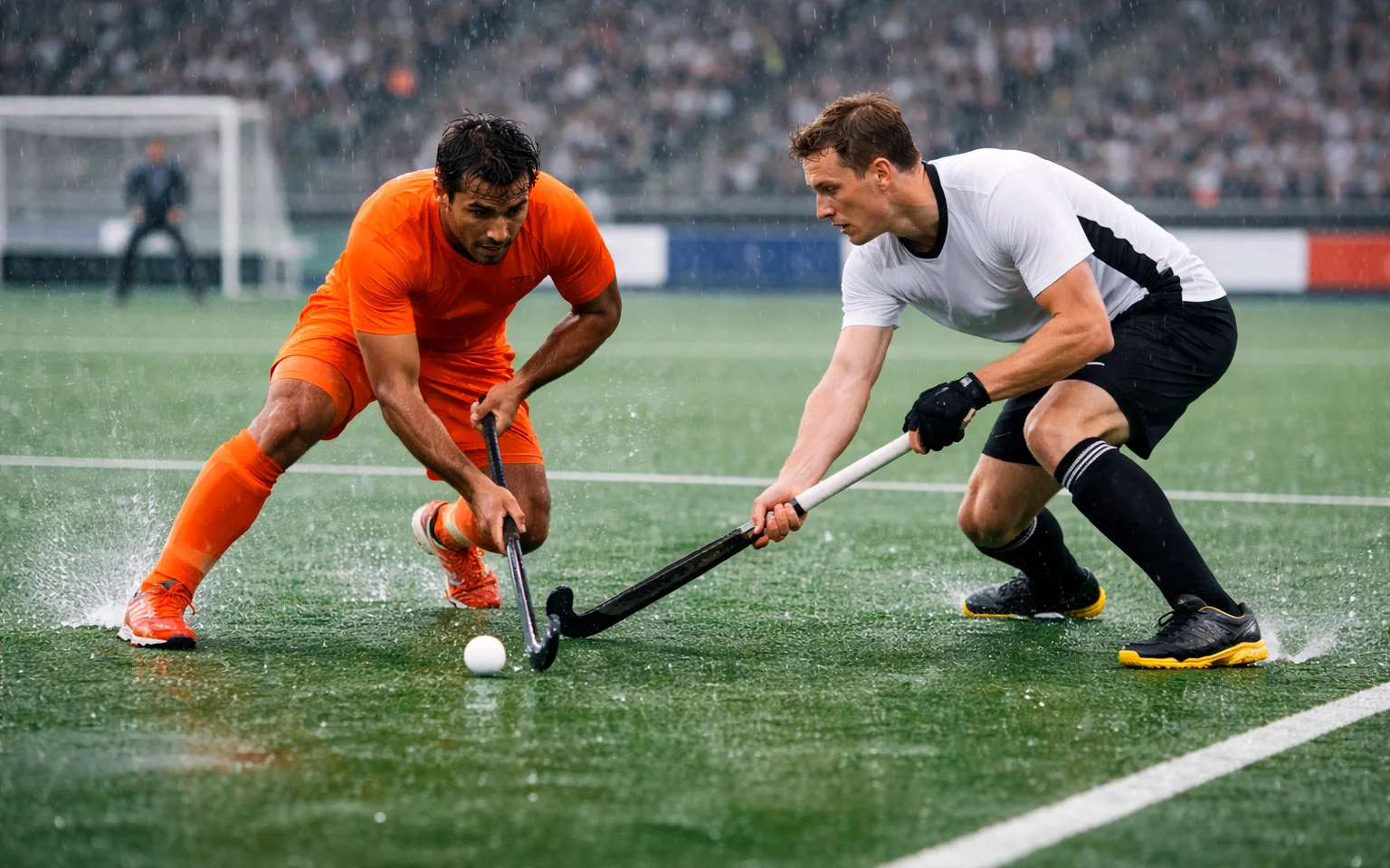 Veldhockeyers die spelen tijdens regenachtige omstandigheden