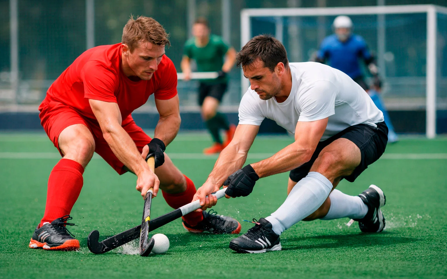 Veldhockeyspelers tijdens een intensieve wedstrijd die fysieke inspanning toont