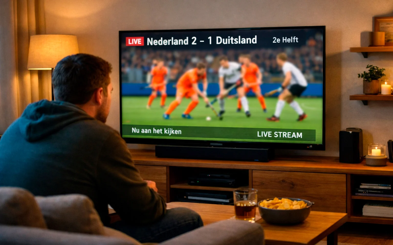 Persoon die een hockeywedstrijd bekijkt via streaming op een scherm