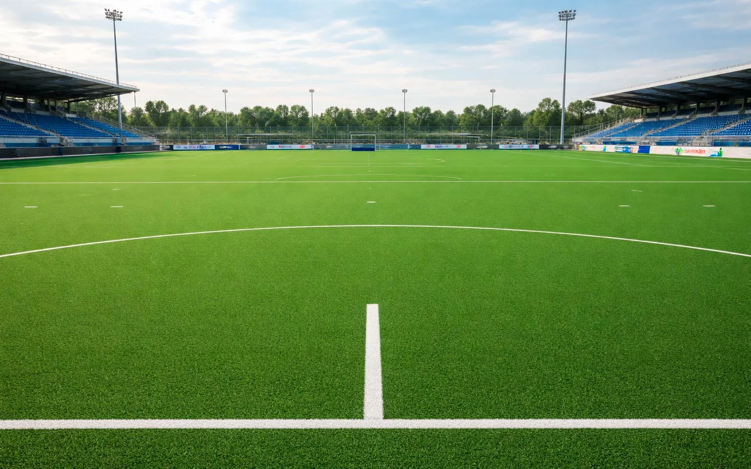 Kunstgrasveld met zichtbare weersomstandigheden voor een hockeywedstrijd