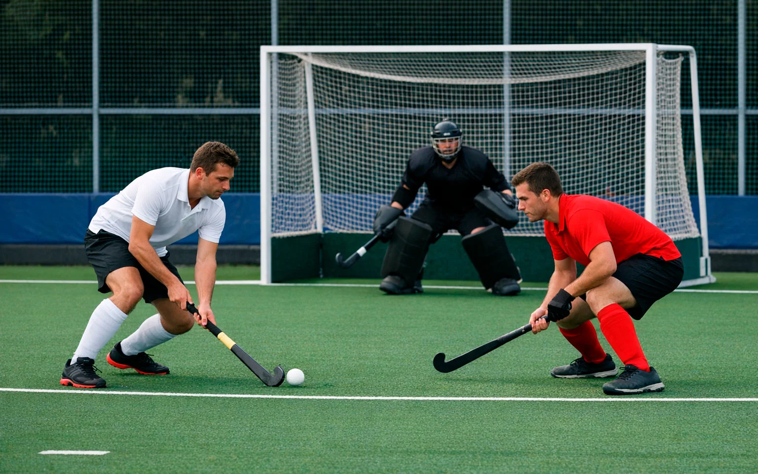 Hockeywedstrijd die de basis van de sport toont