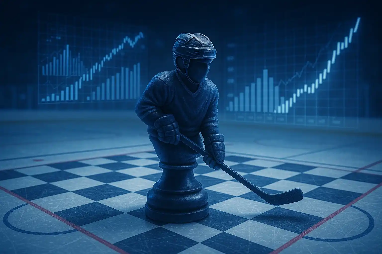 Strategische planning concept voor sportweddenschappen met schaakstukken van hockey elementen, statistieken grafieken en succesvolle analyse visualisatie