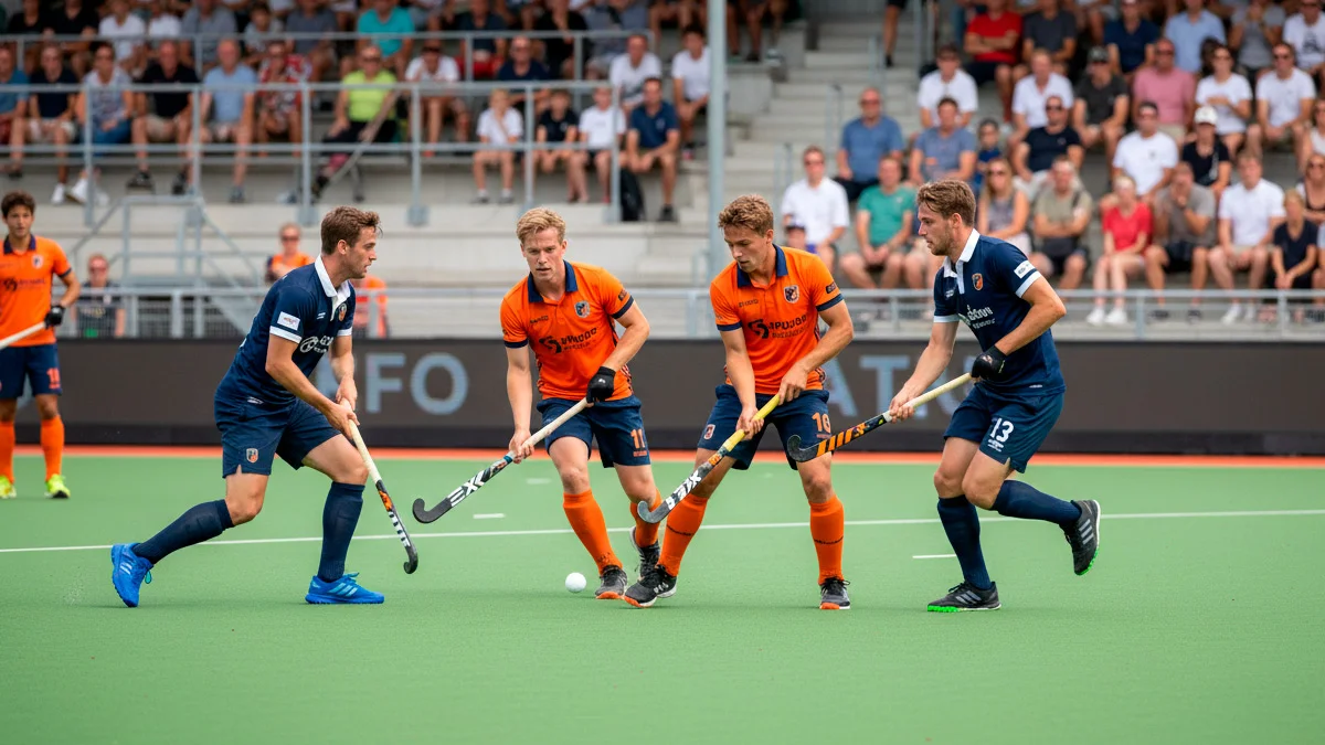 Hoofdklasse veldhockeywedstrijd in een Nederlands stadion