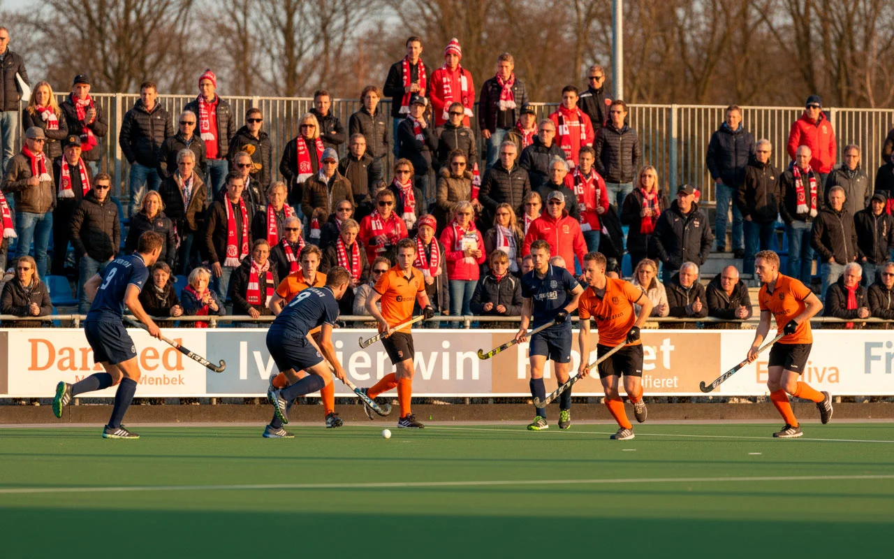Nederlands hockeystadion met publiek tijdens een Hoofdklassewedstrijd