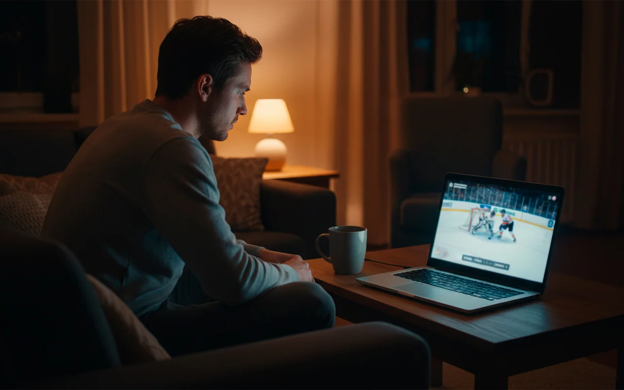 Persoon die 's avonds laat op een laptop naar ijshockeywedstrijden kijkt