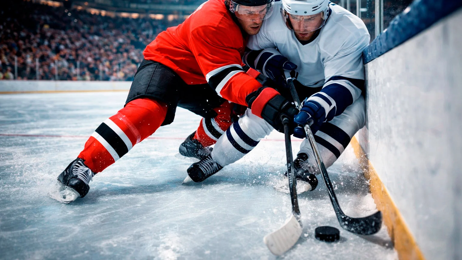 IJshockeyers in actie tijdens een NHL-wedstrijd op het ijs