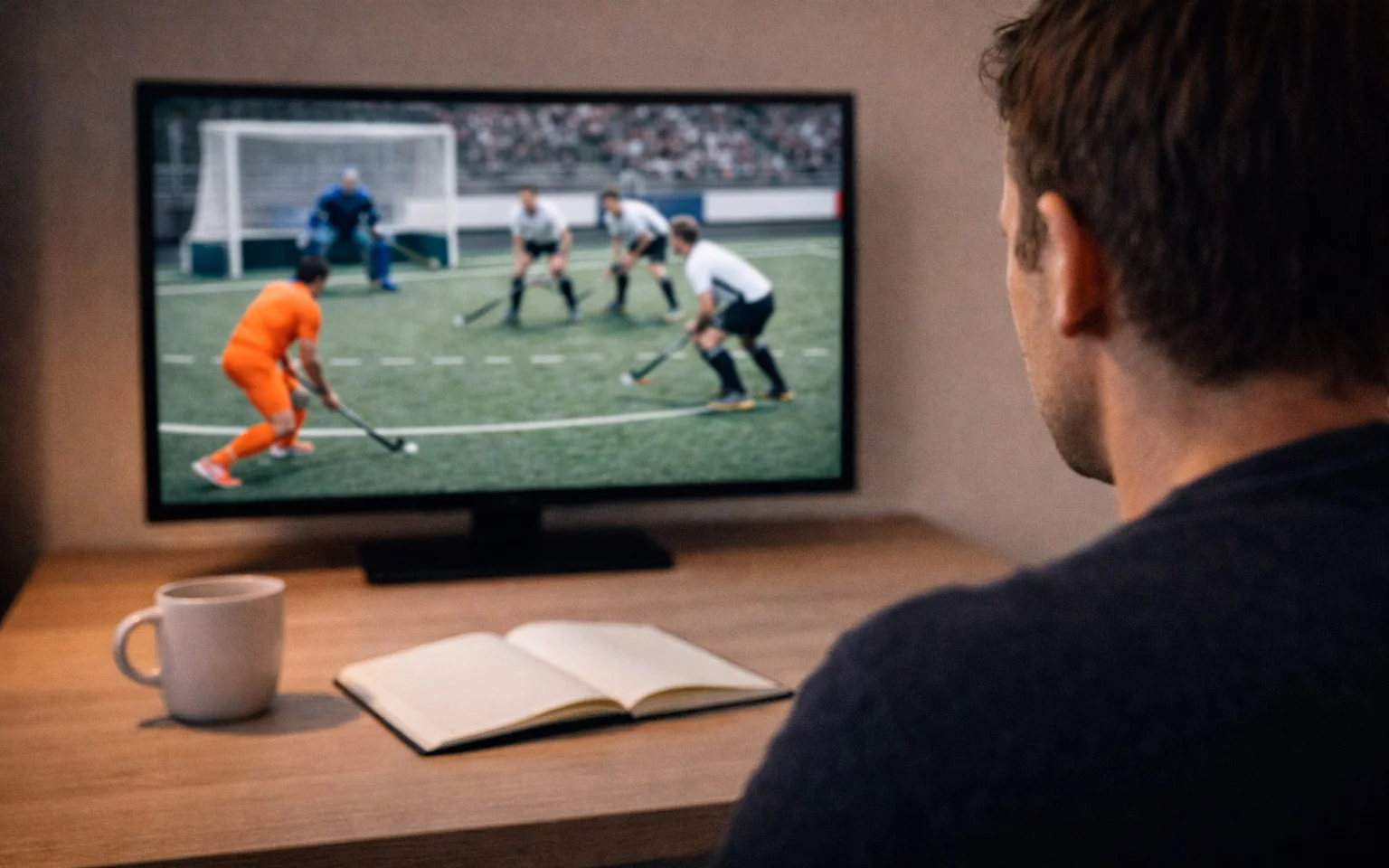 Geconcentreerde kijker die een hockeywedstrijd volgt