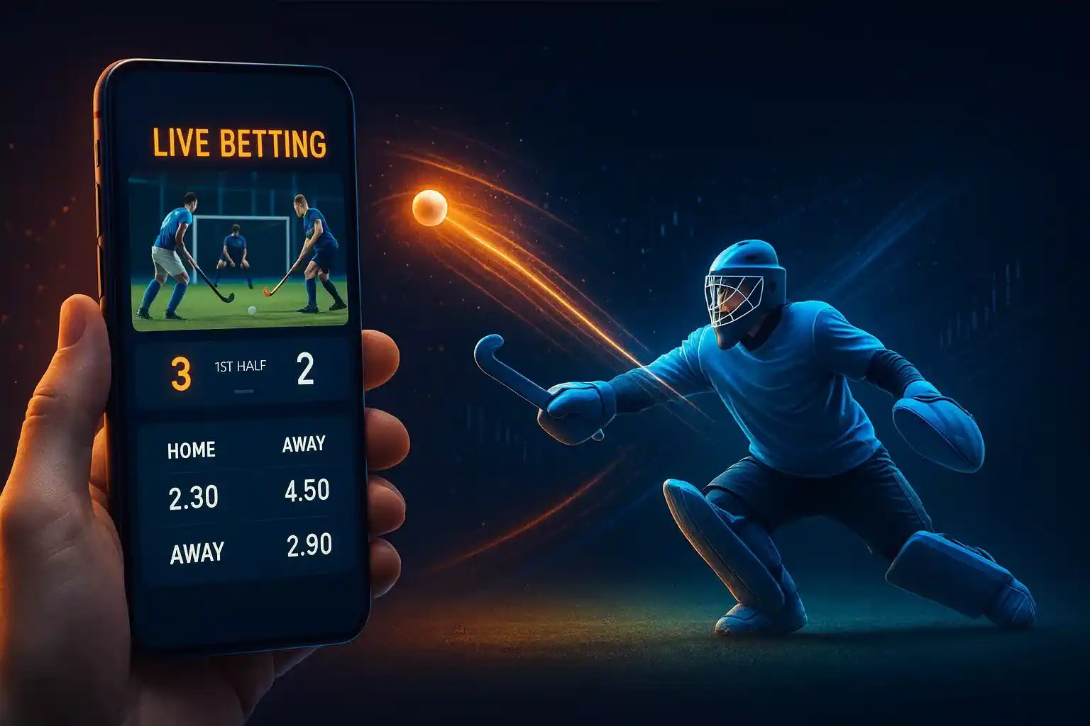Live wedden op hockey via smartphone app met real-time odds weergave naast een dynamische veldhockey keeper actie, moderne sporttechnologie visualisatie
