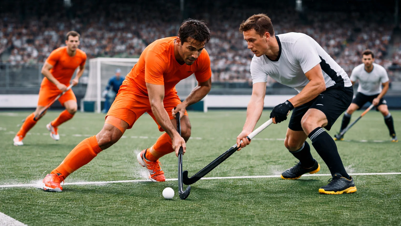 Intensieve veldhockeywedstrijd met spelers in actie