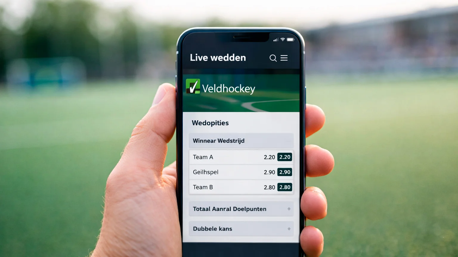 Smartphone met sportwedden app in de hand van een hockeyfan