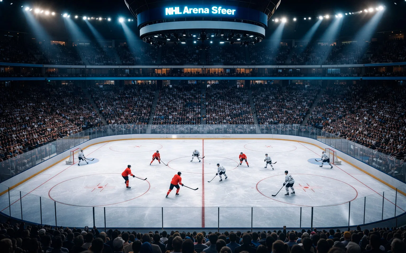 NHL arena met sfeervolle verlichting tijdens een wedstrijd