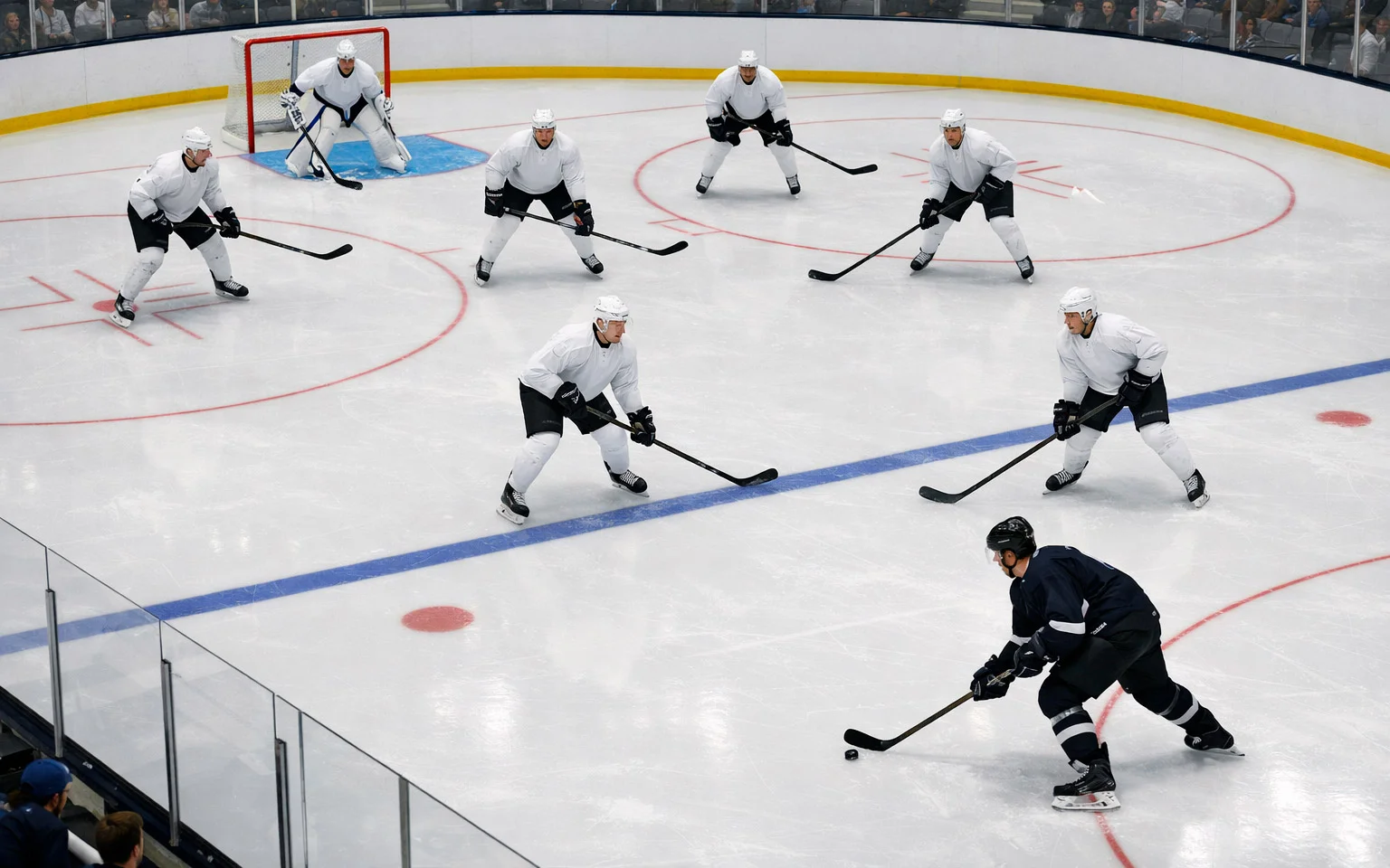 NHL ijshockeywedstrijd met strategische elementen zichtbaar
