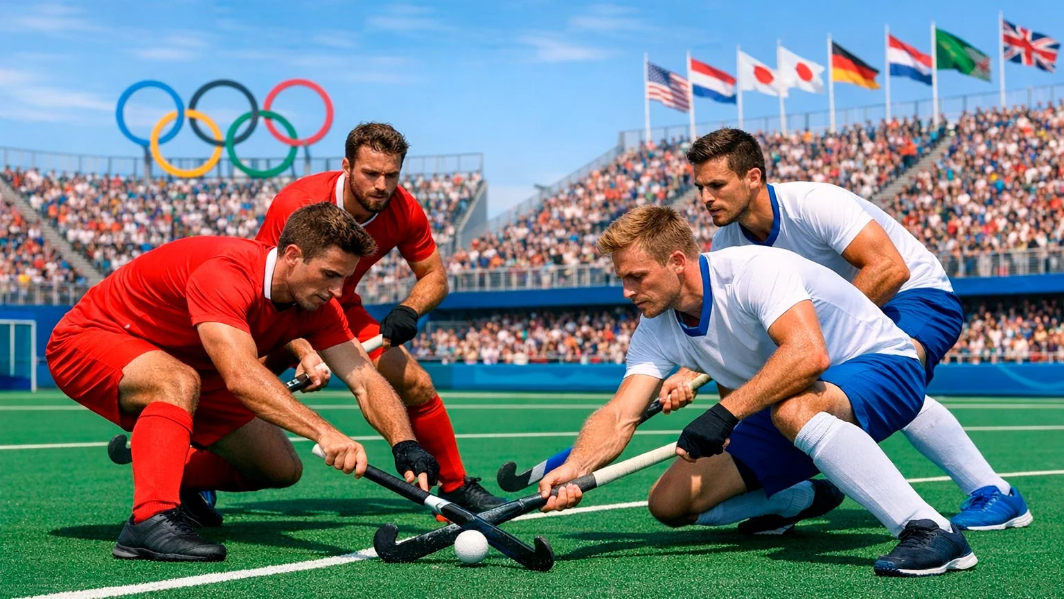 Veldhockeywedstrijd tijdens de Olympische Spelen met olympische ringen op de achtergrond