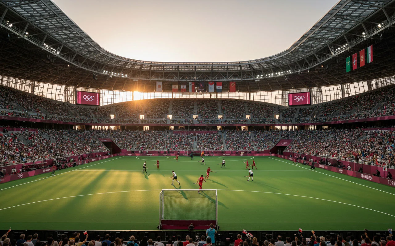 Olympisch hockeystadion met publiek en olympische sfeer