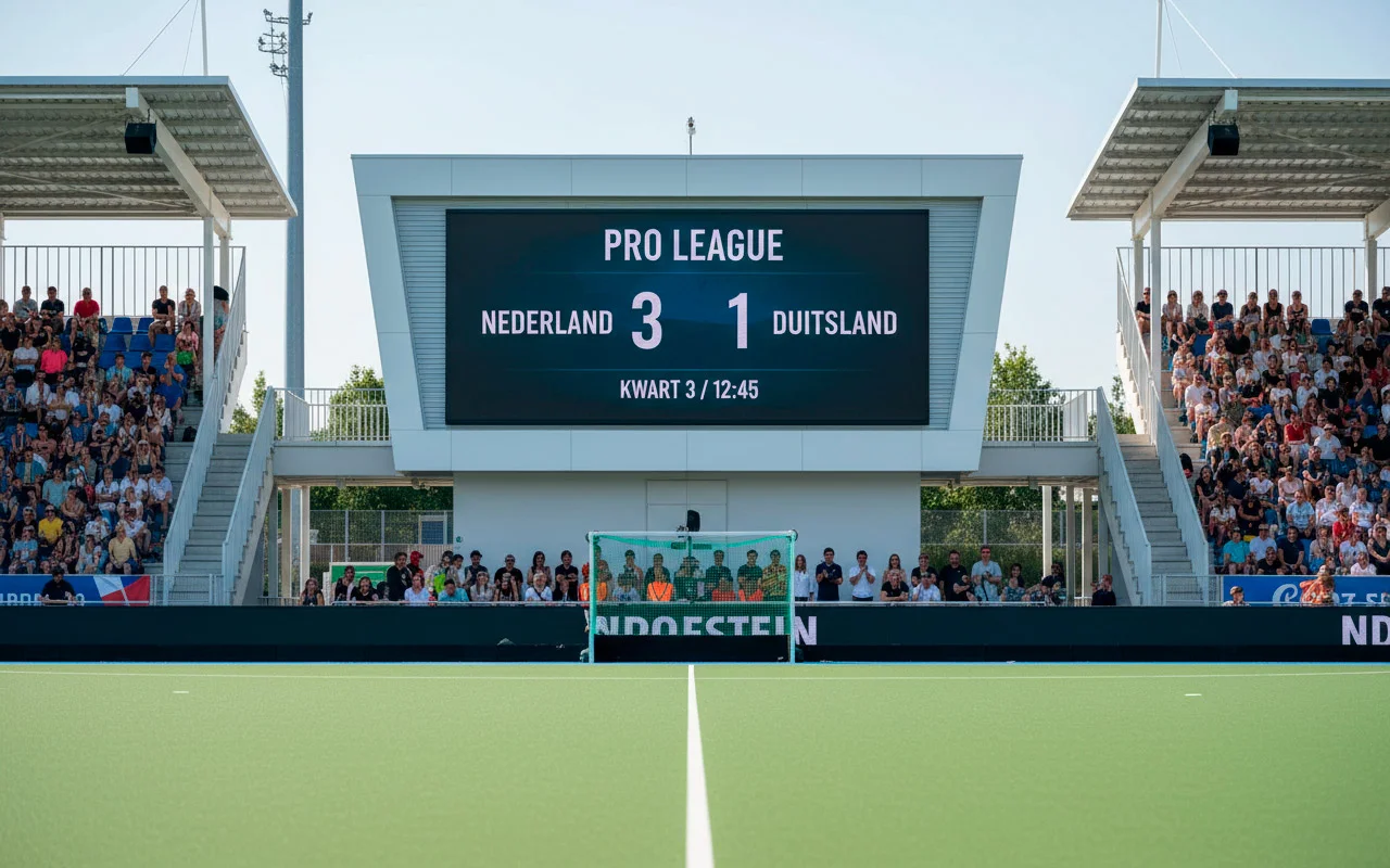Scorebord tijdens een internationale veldhockeywedstrijd