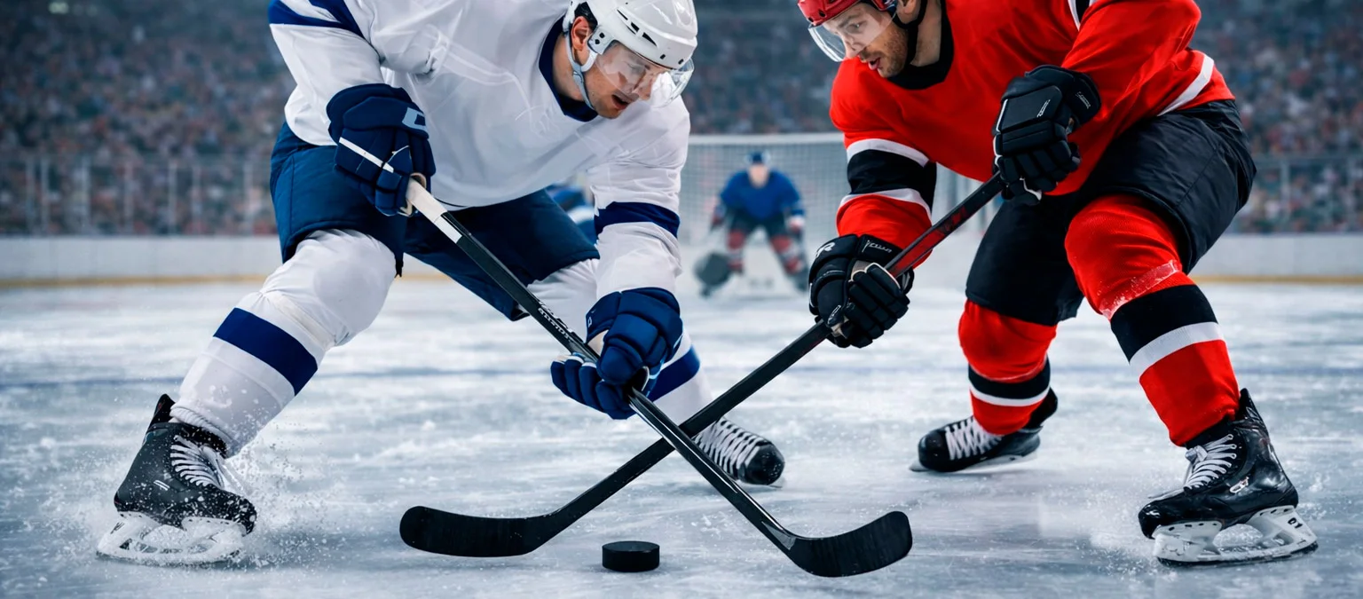 IJshockeywedstrijd met spelers die strijden om de puck op het ijs
