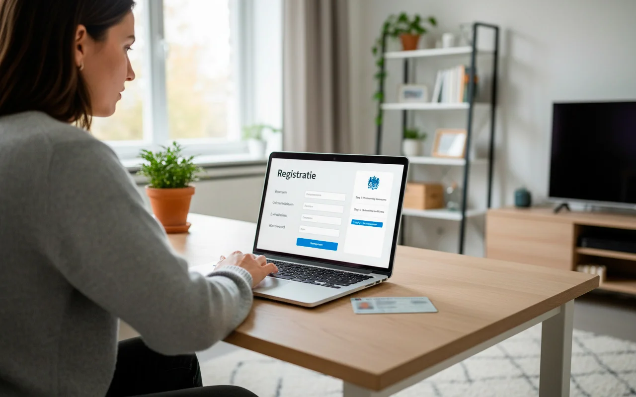 Persoon die zich registreert op een laptop met identiteitsverificatie