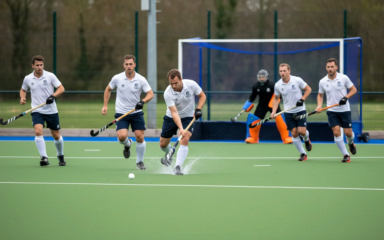 Strafcornerspecialist die een drag flick uitvoert tijdens een wedstrijd