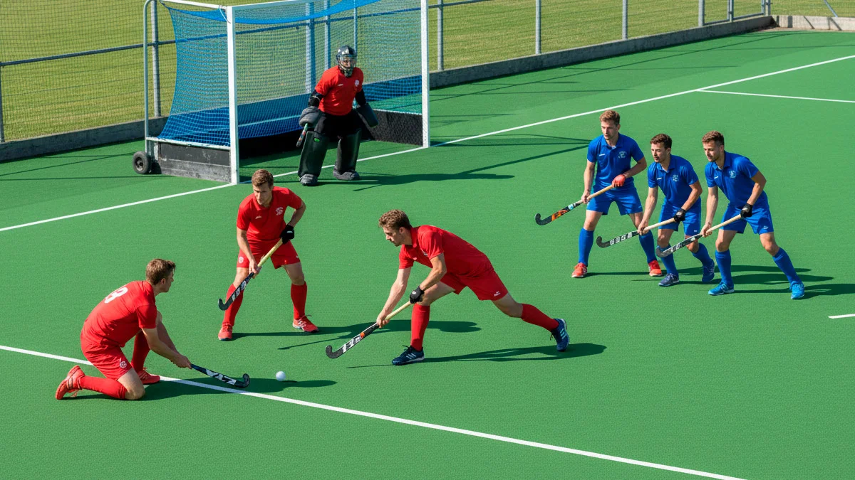 Veldhockeyteam dat een strafcorner uitvoert met de specialist klaar om te schieten
