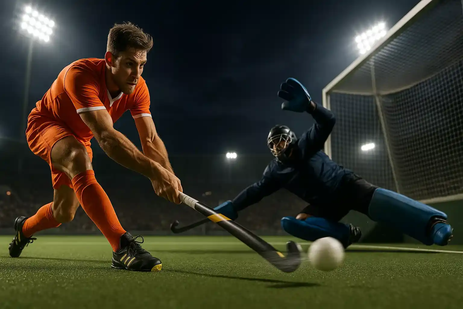 Strafcorner weddenschap bij veldhockey met specialist die sleept