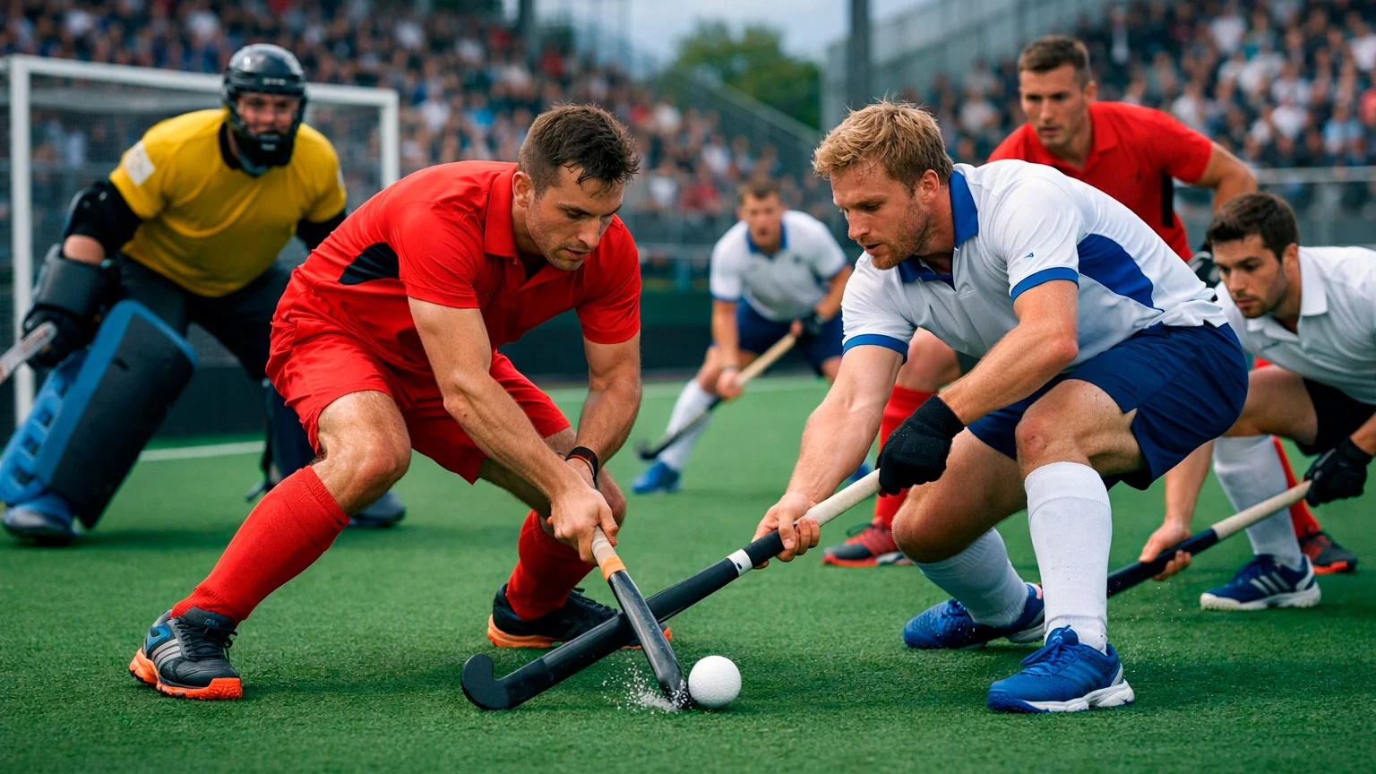 Hockeyteams die tegen elkaar strijden in een competitiewedstrijd