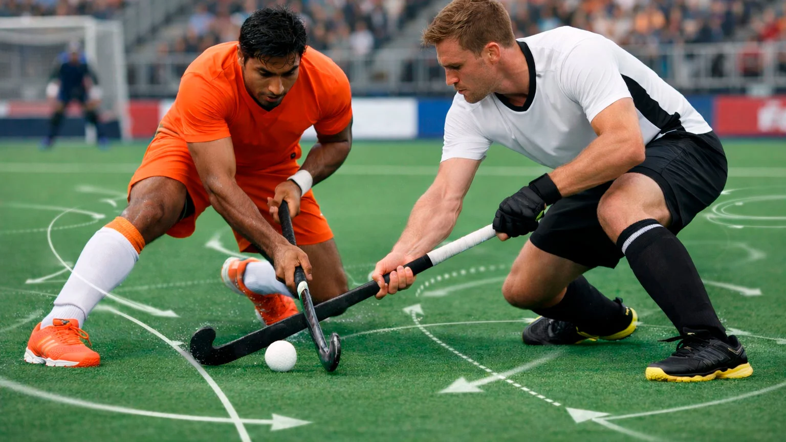 Veldhockeywedstrijd met strategische analyse op de achtergrond