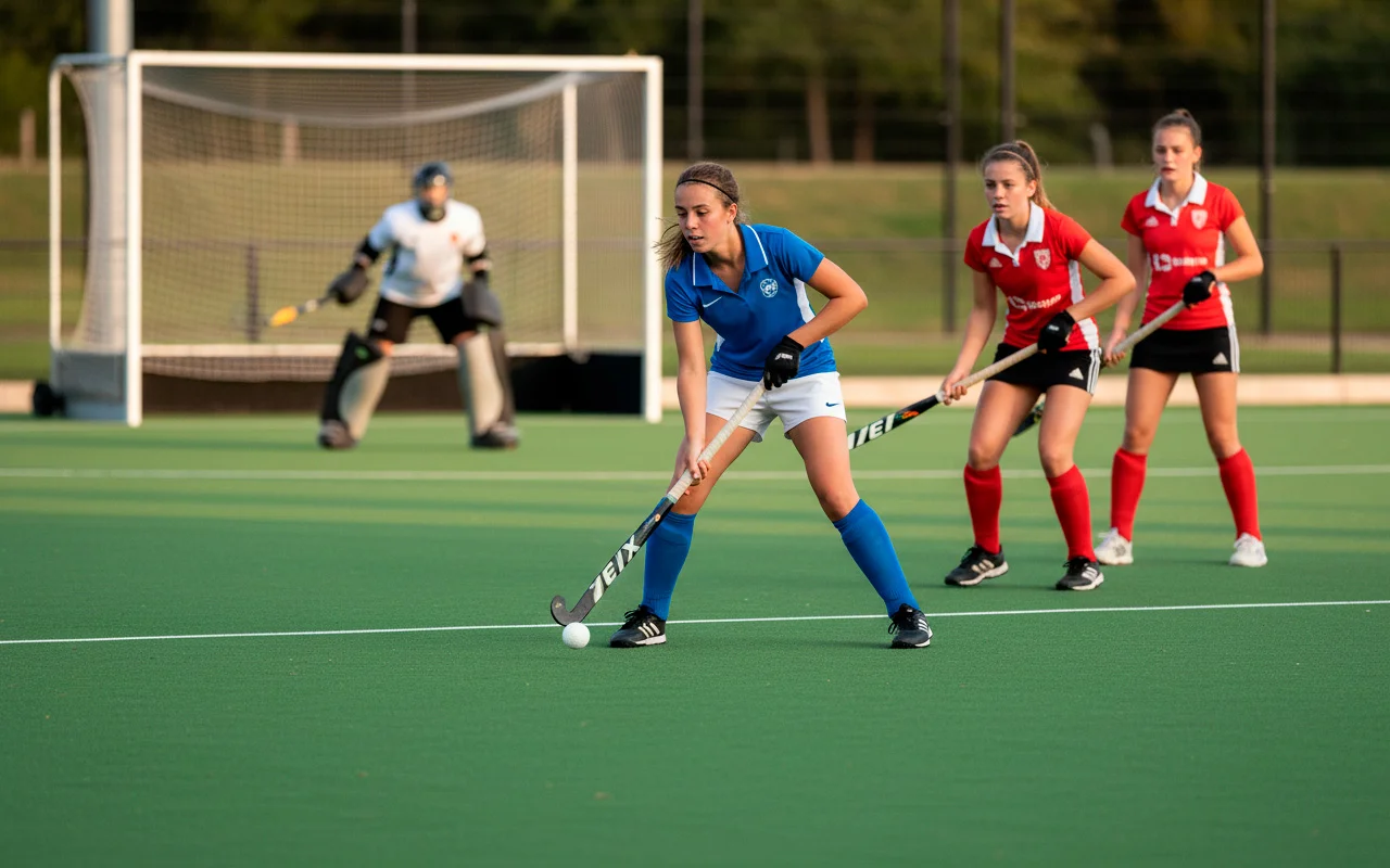 Veldhockeyaanvaller in scoringspositie bij het doel