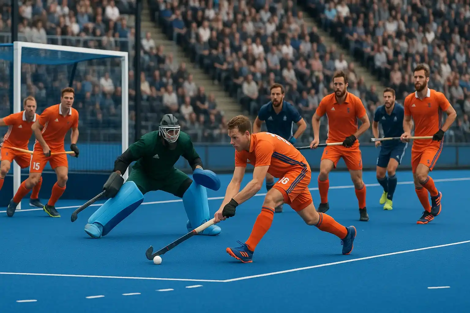 Veldhockeywedstrijd op kunstgrasveld met elf spelers per team