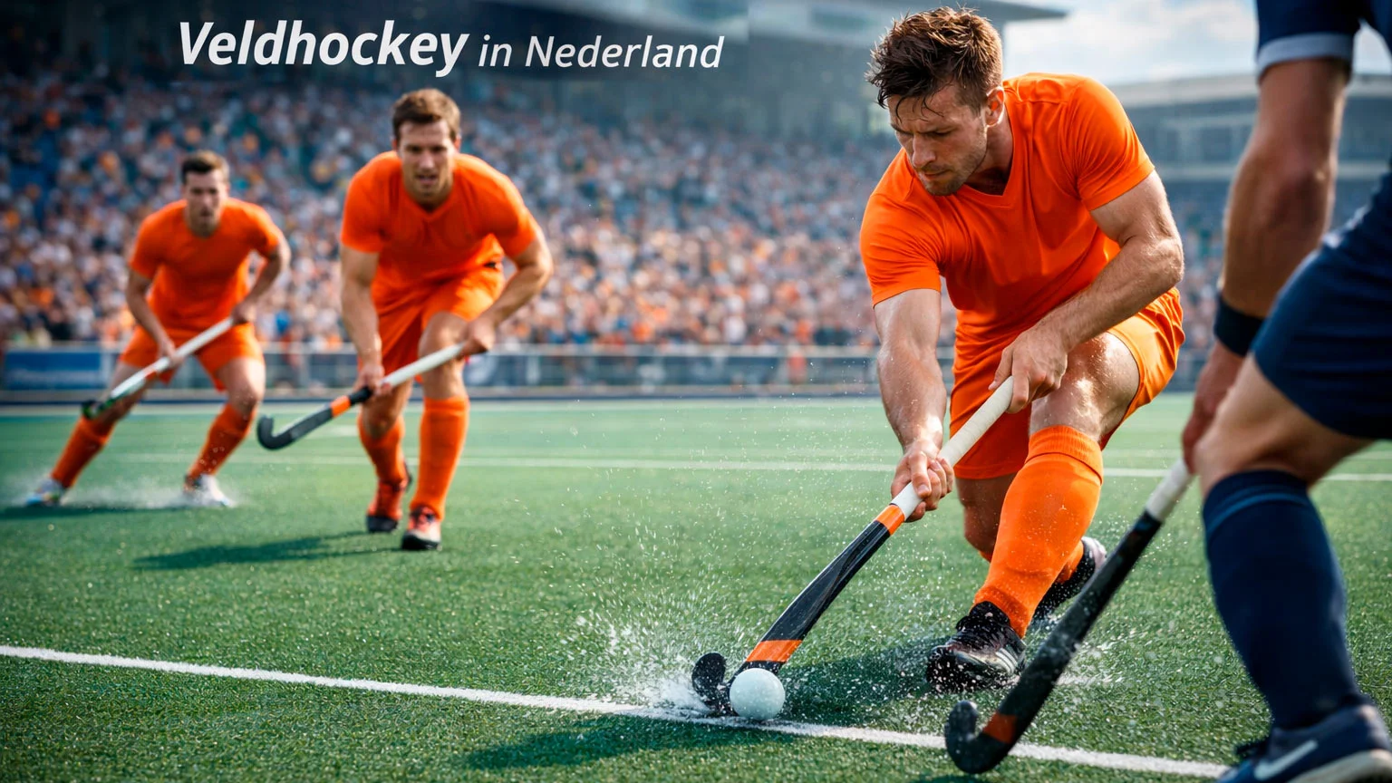 Nederlandse veldhockeyers tijdens een wedstrijd op een waterveld