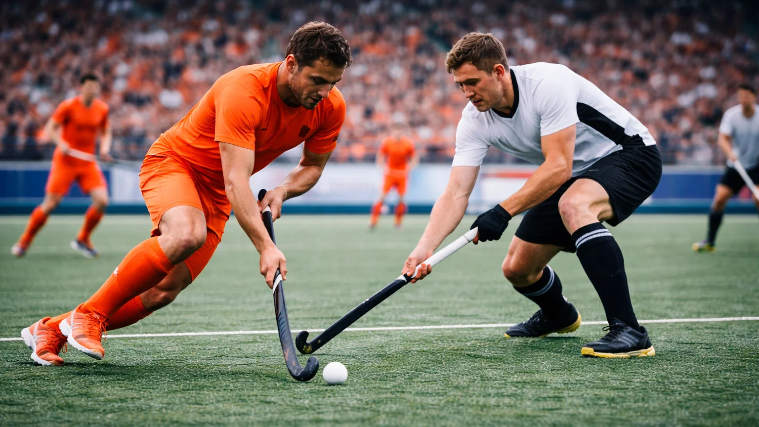 Topveldhockeyspelers in actie tijdens een internationale wedstrijd