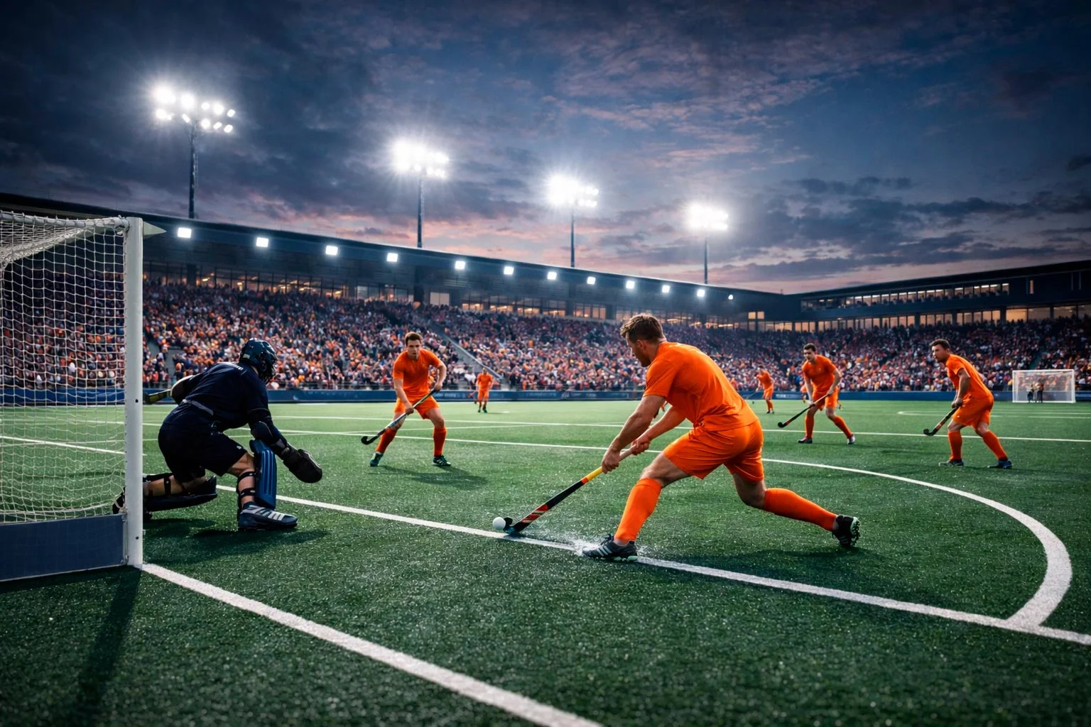 Modern veldhockeystadion met publiek tijdens een avondwedstrijd