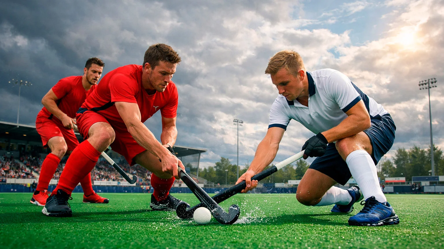 Veldhockeywedstrijd onder wisselende weersomstandigheden op kunstgrasveld