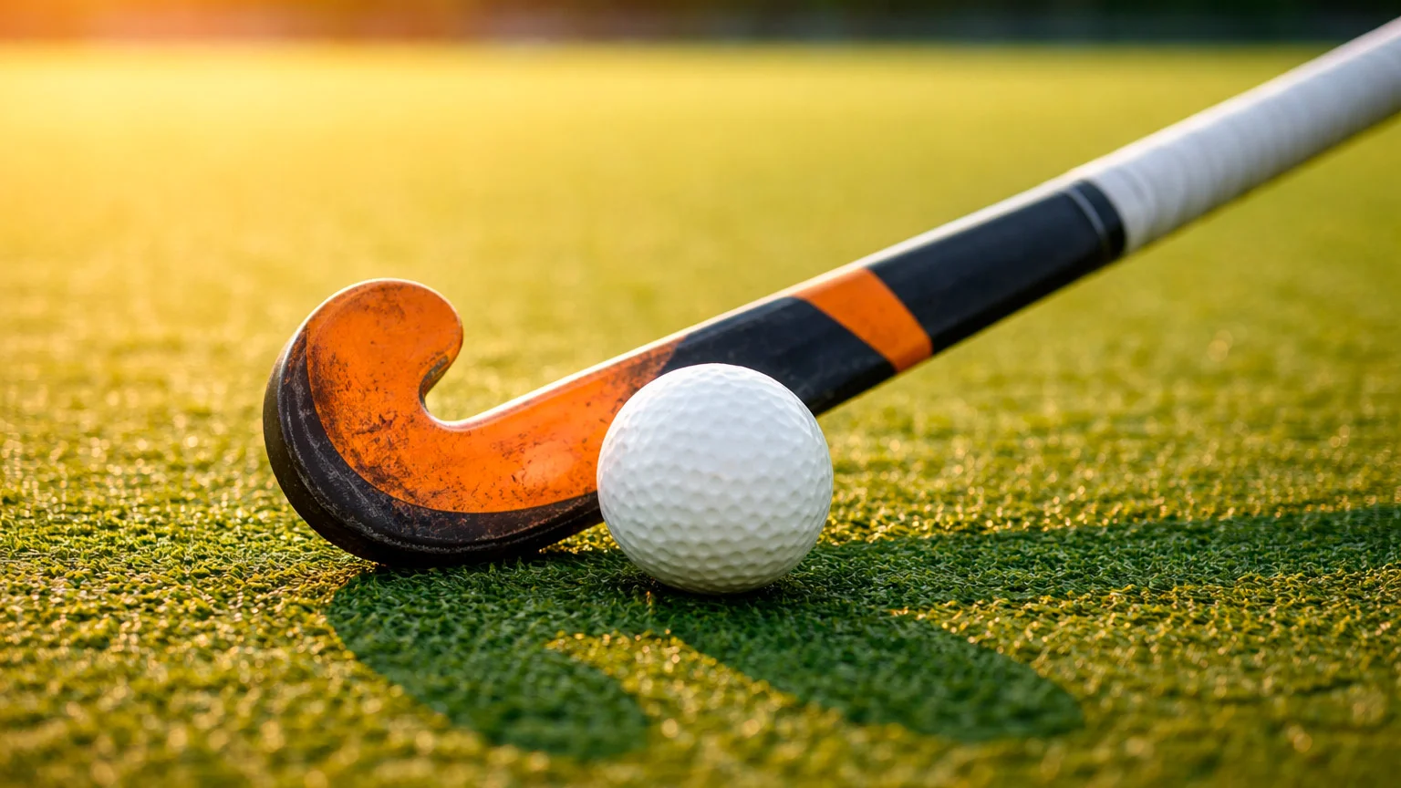 Hockeystick en bal op een groen veld met een verwelkomend licht