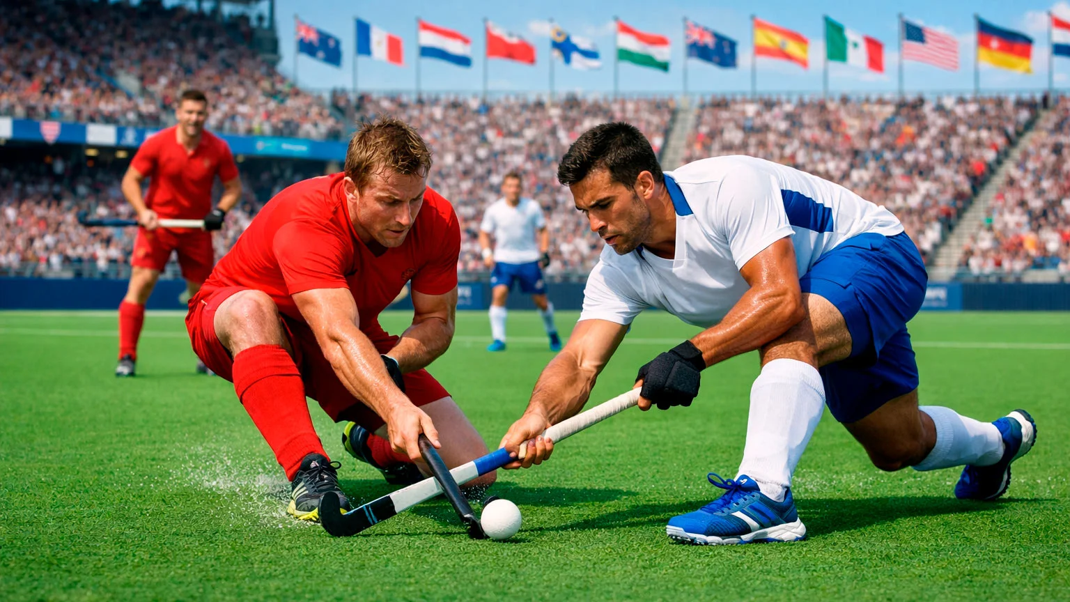 Wereldkampioenschap veldhockey wedstrijd in een vol stadion